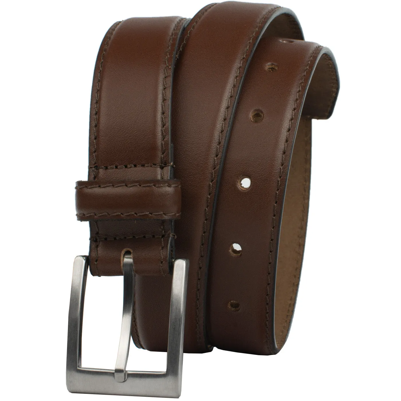 Silver Square Titanium Brown Leather Belt by Nickel Smart®