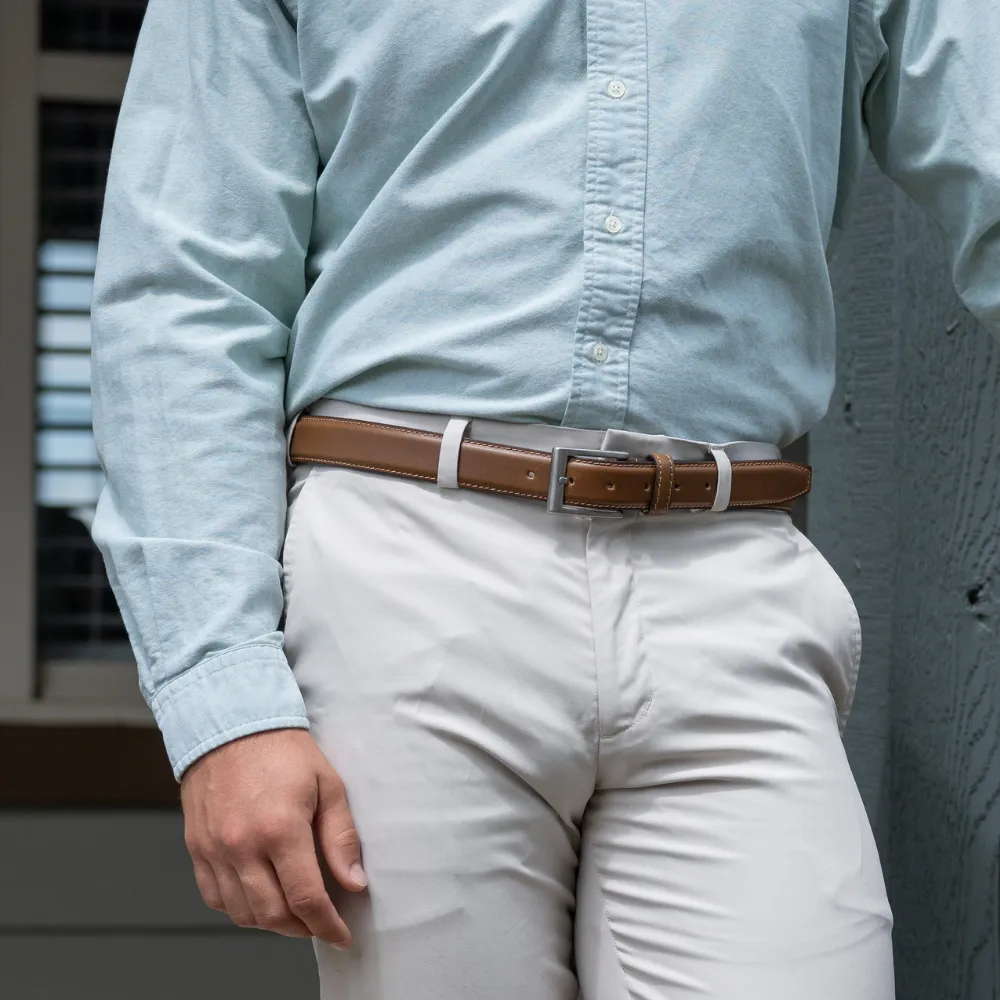 Silver Square Titanium Tan Leather Belt by Nickel Smart®