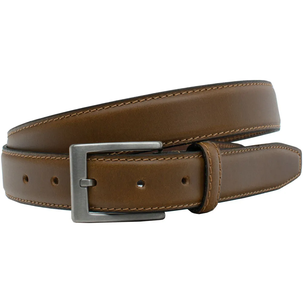 Silver Square Titanium Tan Leather Belt by Nickel Smart®