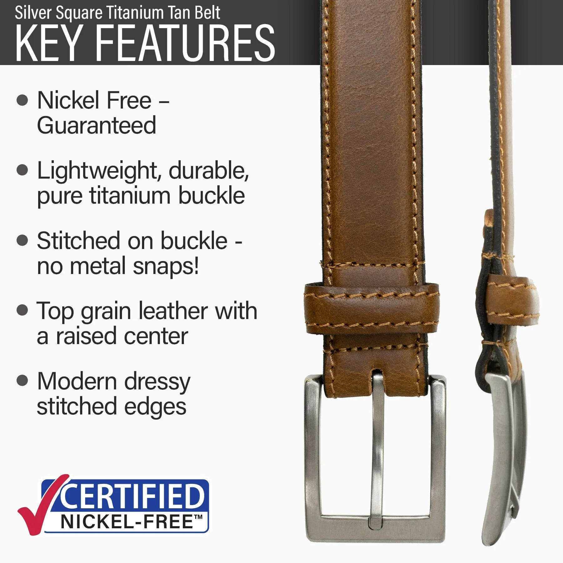 Silver Square Titanium Tan Leather Belt by Nickel Smart®