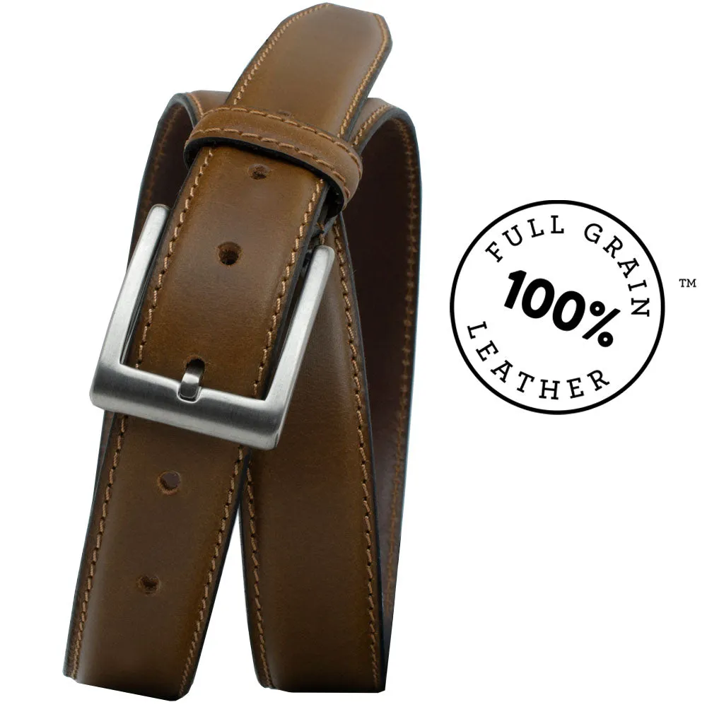 Silver Square Titanium Tan Leather Belt by Nickel Smart®