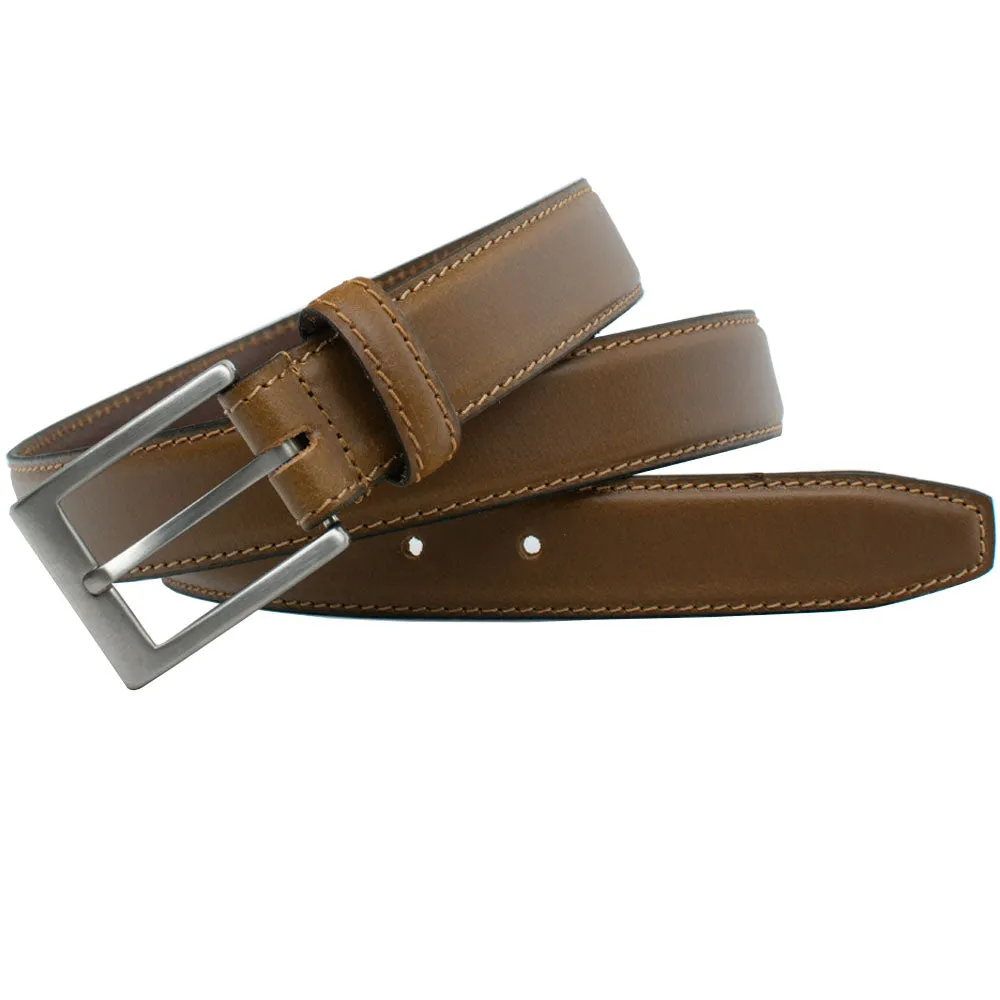 Silver Square Titanium Tan Leather Belt by Nickel Smart®