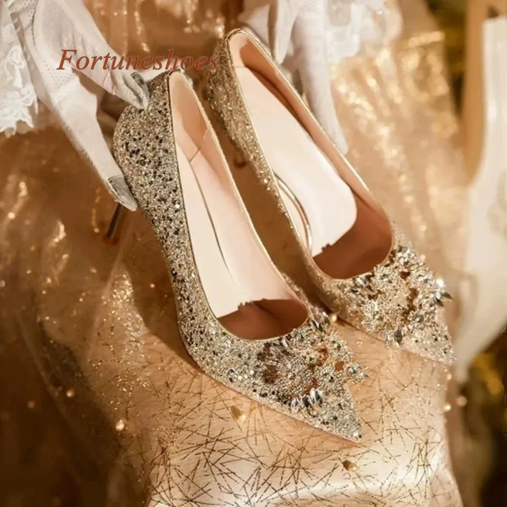 Slip On Shallow Pumps Stiletto Heel Rhinestone Crystal Pointed Toe Autumn/spring Pumps Fashion Wedding 2024 New Arrivals Shoes
