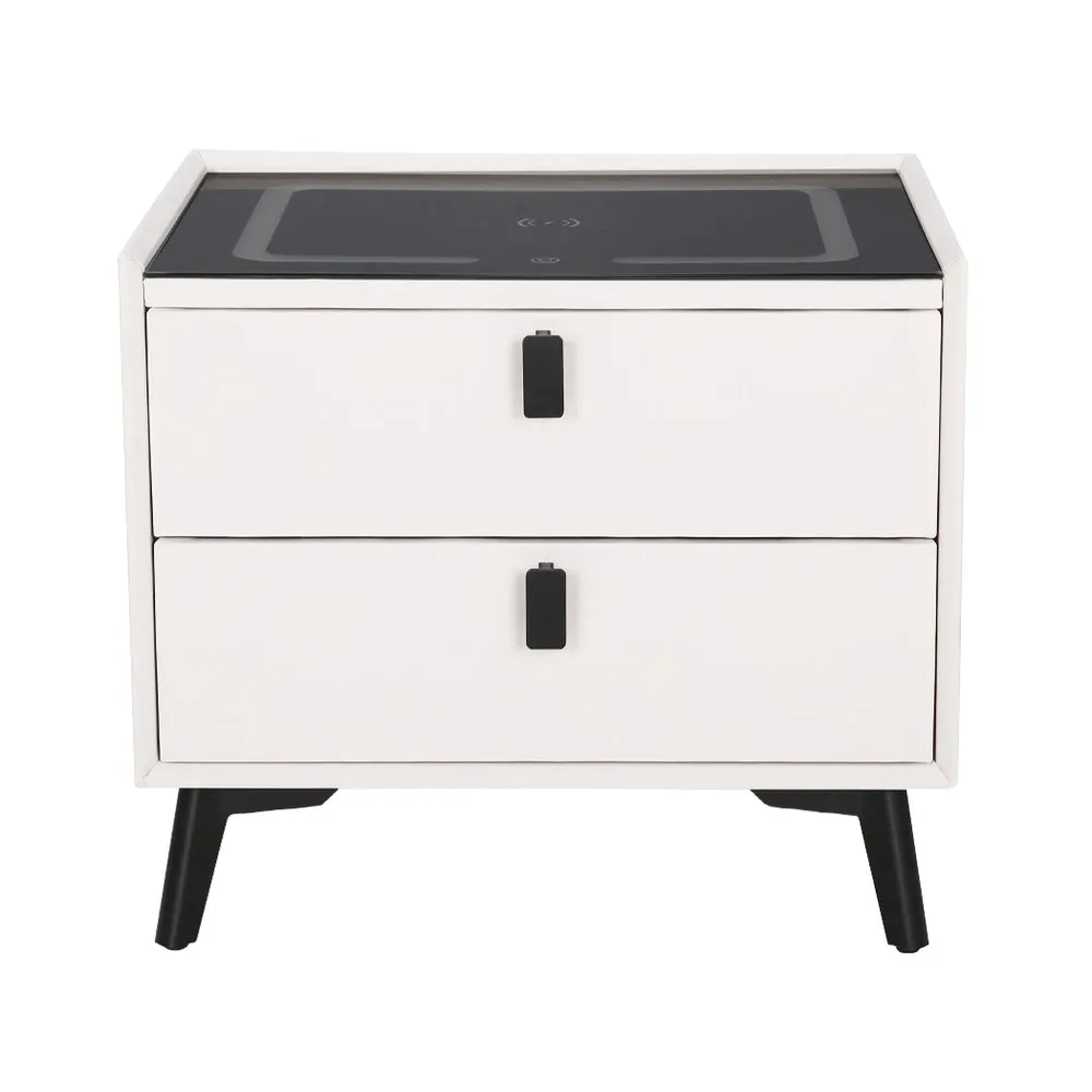 Smart Bedside Table 2 Drawers with Wireless Charging Ports LED White AIKA