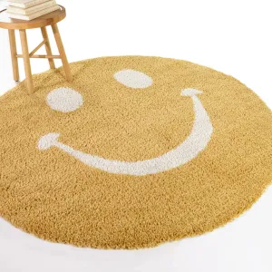 Smiley Face Kids Shag Area Rug 5'3" Round Cream White Yellow Novelty