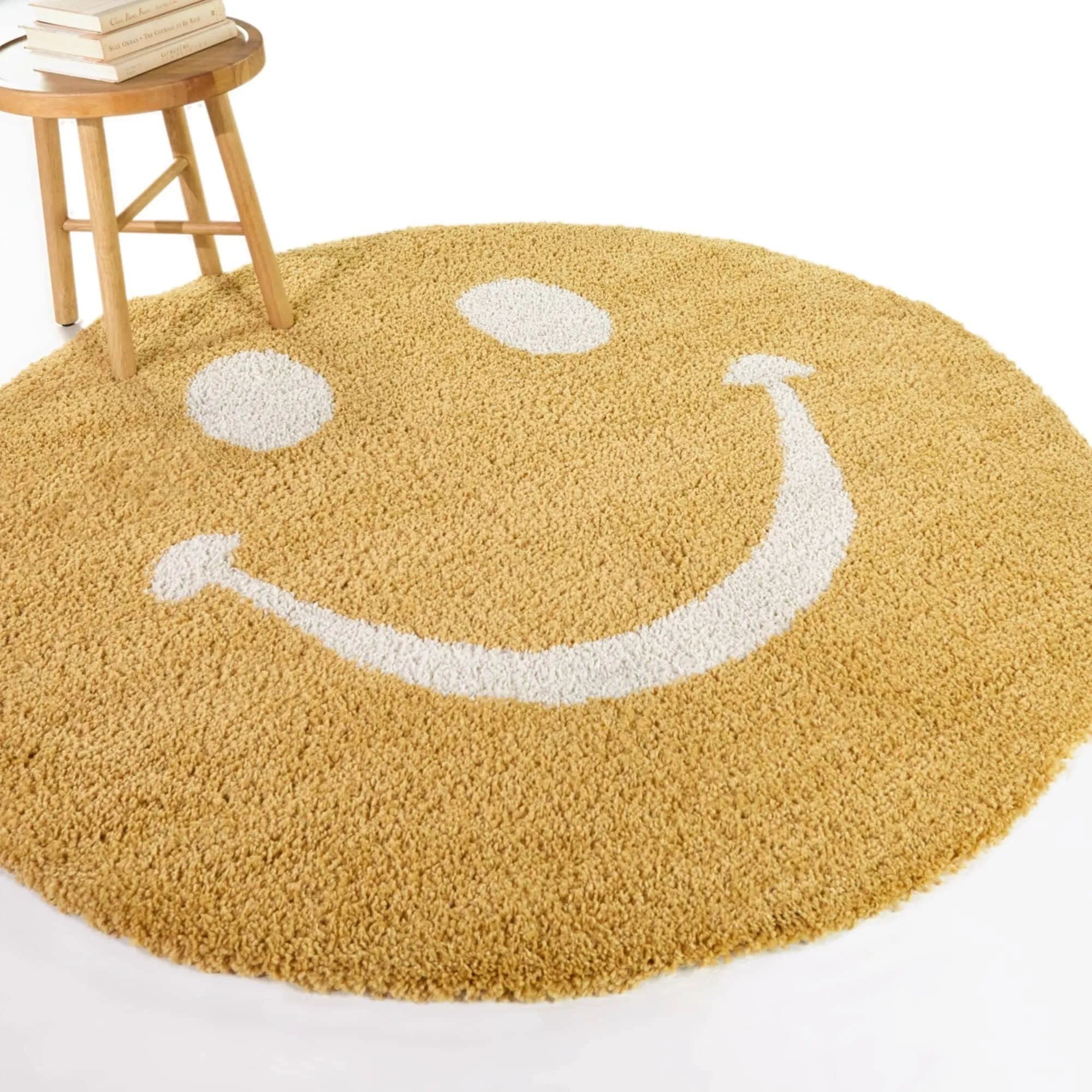 Smiley Face Kids Shag Area Rug 5'3" Round Cream White Yellow Novelty
