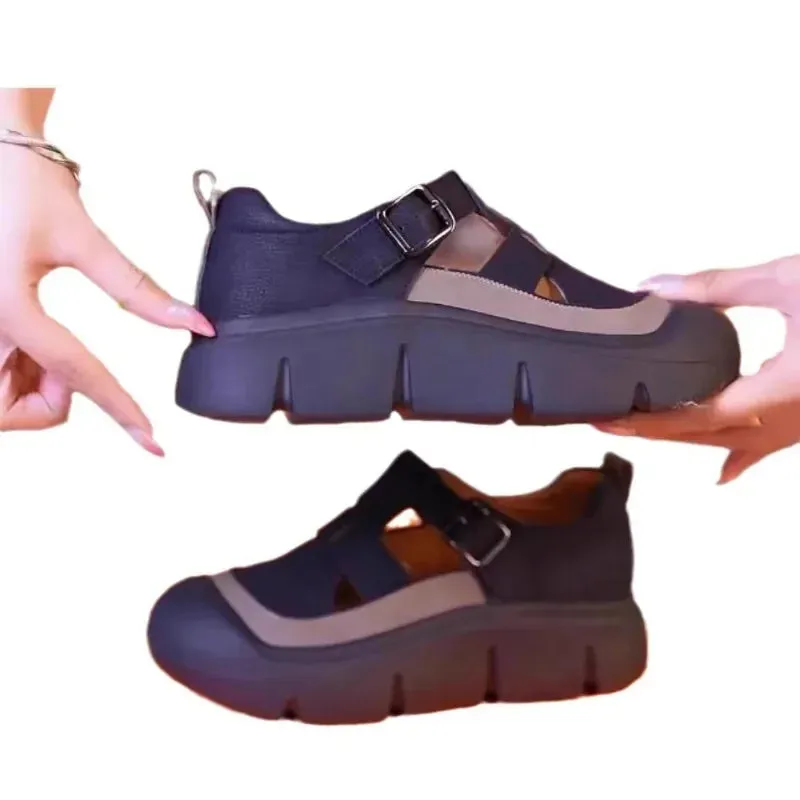 Thick Soled Sports Women's Shoes 2024 Summer New Solid Color Lightweight Breathable Height Increasing Sports Women's Sandals