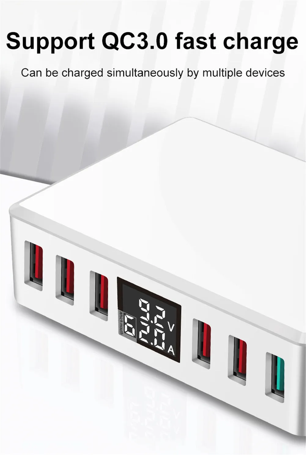 Travel Charger 6-USB Port Digital Display Extended Socket QC 3.0 Fast Charge Station Multi-Port USB Charging Plug AU Plug