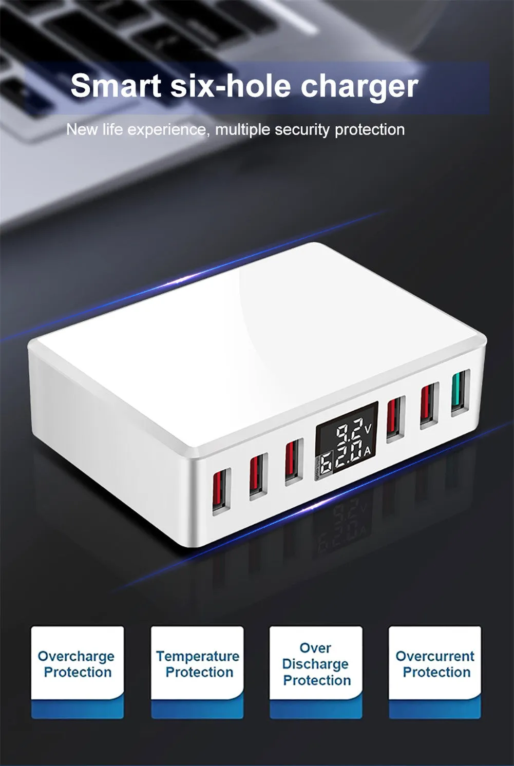 Travel Charger 6-USB Port Digital Display Extended Socket QC 3.0 Fast Charge Station Multi-Port USB Charging Plug AU Plug