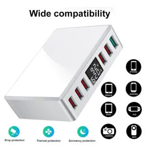 Travel Charger 6-USB Port Digital Display Extended Socket QC 3.0 Fast Charge Station Multi-Port USB Charging Plug UK Plug
