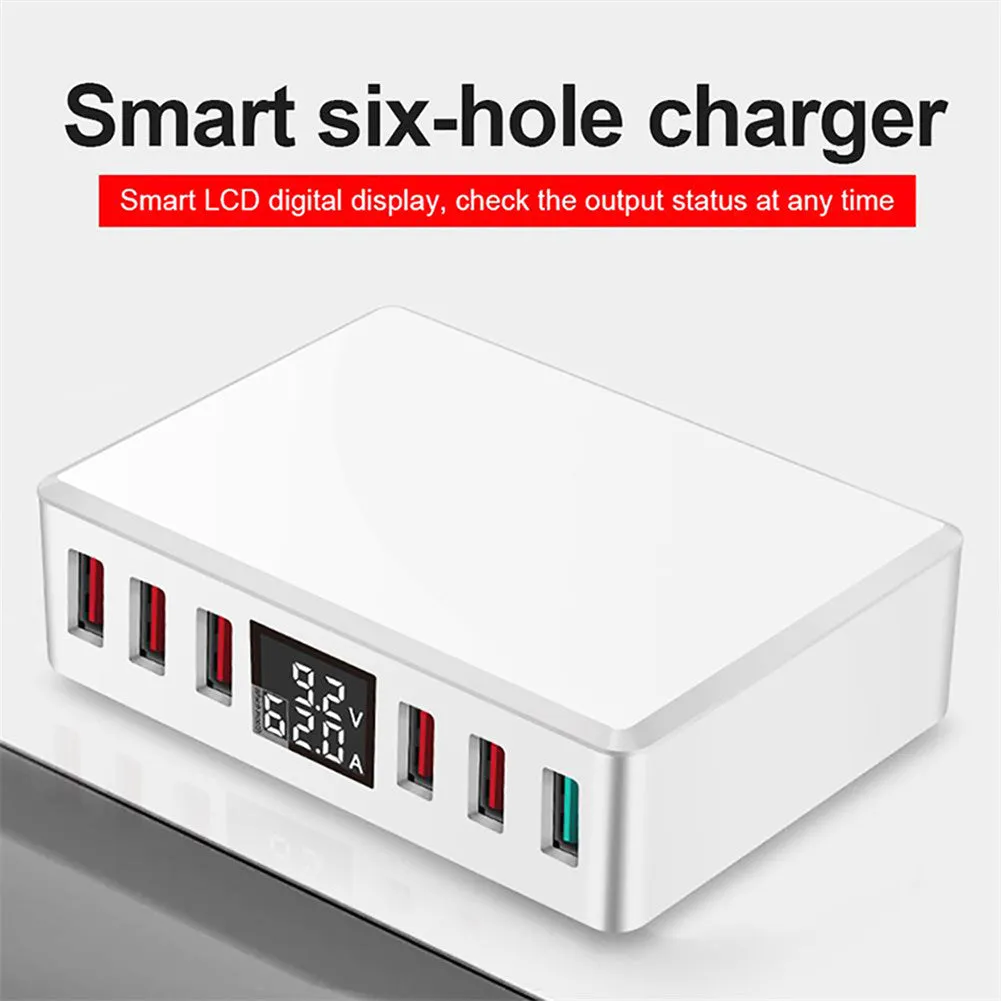 Travel Charger 6-USB Port Digital Display Extended Socket QC 3.0 Fast Charge Station Multi-Port USB Charging Plug UK Plug