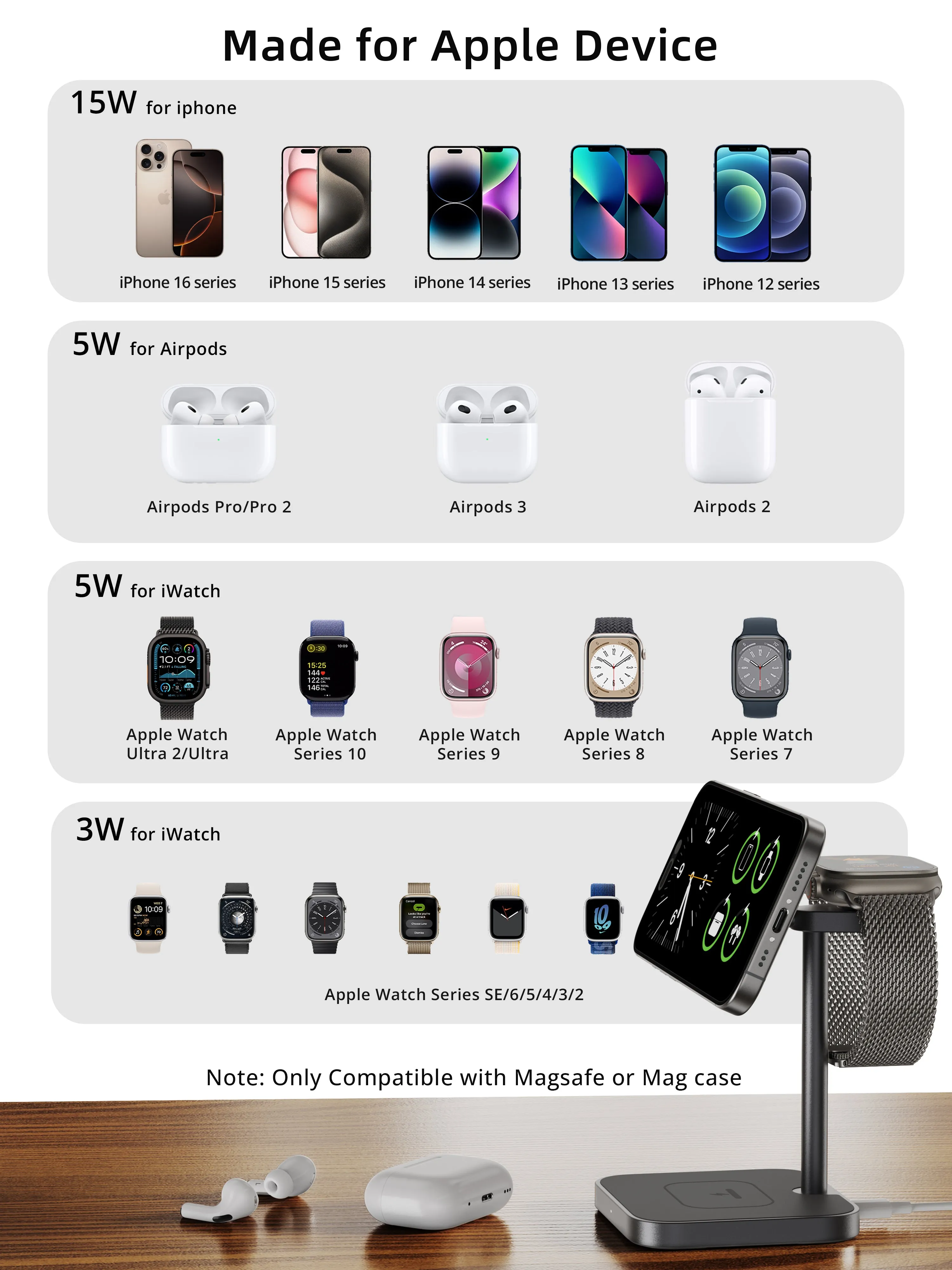 Ultra-Rise Qi2 15W 3 in 1 Wireless Charging Station