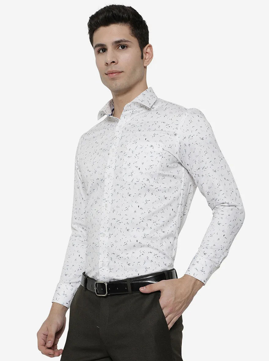 White & Blue Printed Slim Fit Party Wear Shirt | Greenfibre