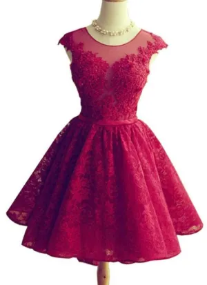 Wine Red Lace Knee Length Round Neckline Party Dress, Cute Homecoming Dresses