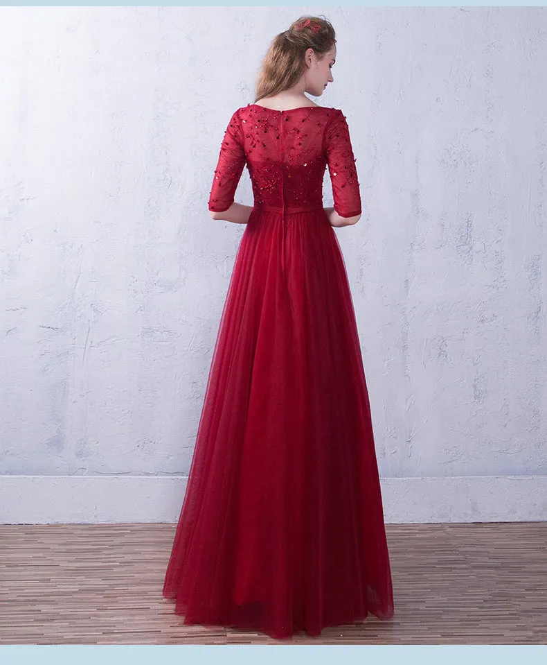Wine Red Short Sleeves Beaded Tulle Wedding Party Dress, A-line Tulle Long Prom Dress