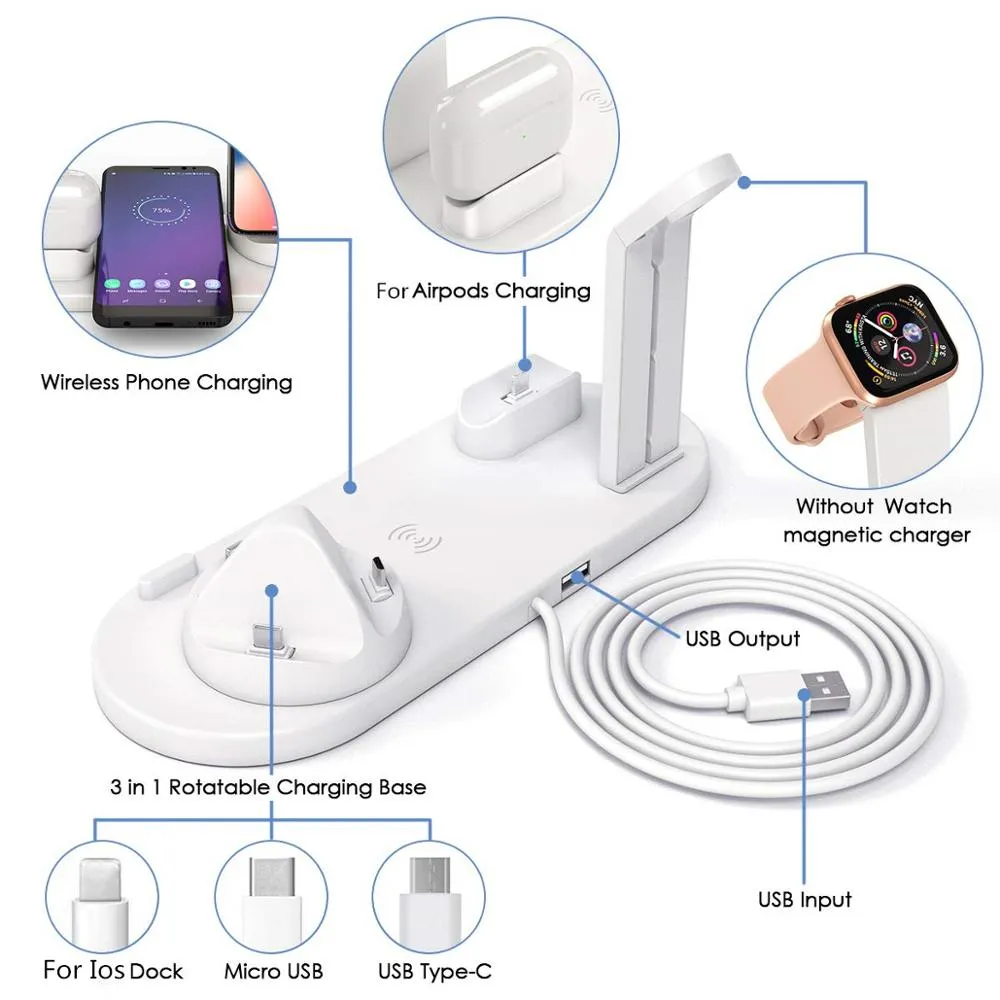 Wireless Charger 4-in-1 10W Fast Charging Stand for Apple Watch 5 4 3 Airpods Pro Station Dock For iPhone 11 XS XR X 8 white
